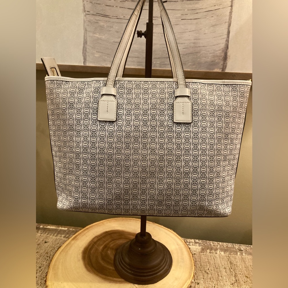 Tory Burch Gemini Link Coated Canvas White Leather Tote Bag Crossbody Strap - Picture 3 of 10
